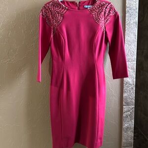 Antonio Melani size 4 lined Red dress with embroidered designs at shoulders